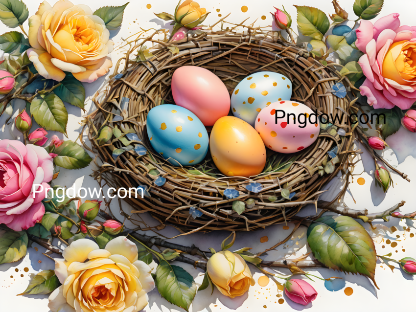 realistically detailed, centered on white background, vibrant colours, Magical sweetness, surrounded by roses, Colorful and gilded polka dot and plaid painted eggs in bird's nest, high detail, clipart