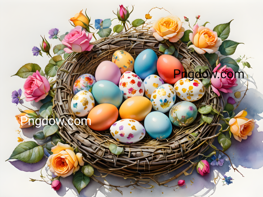 realistically detailed, centered on white background, vibrant colours, Magical sweetness, surrounded by roses, Colorful and gilded polka dot and plaid painted eggs in bird's nest, high detail, clipart
