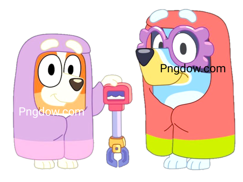 Two cartoon dogs in colorful clothes holding a tool  Bluey and Bingo PNG