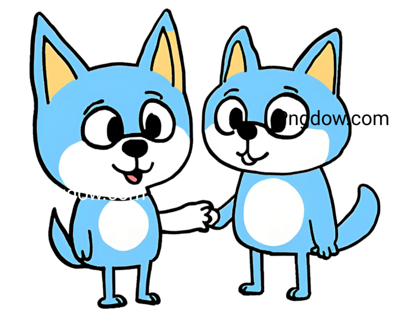 Two cartoon blue dogs, Bluey and Bingo, shaking hands in a friendly gesture