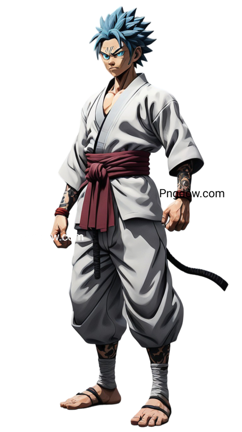 Gojo PNG featuring anime character with blue hair and white outfit