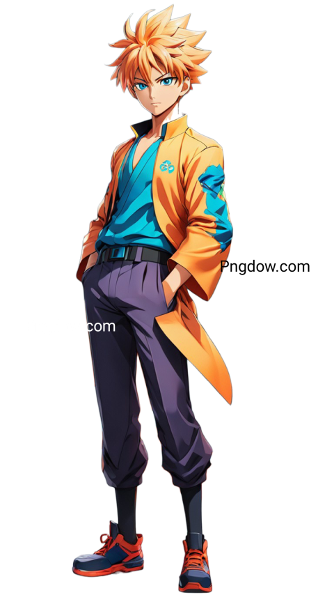 Gojo PNG, anime character with orange hair and blue shirt