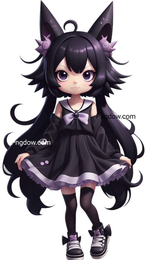 An anime character with long black hair and purple eyes, depicted in a kuromi png image
