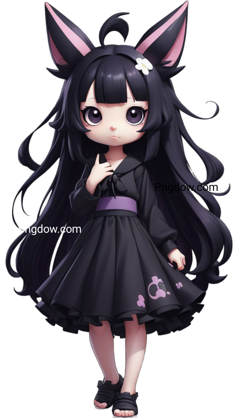 Anime girl with long black hair and cat ears, Kuromi PNG
