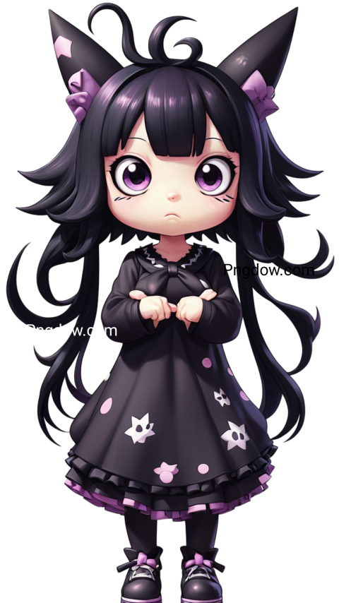 A cute anime girl in a black dress with purple cat ears