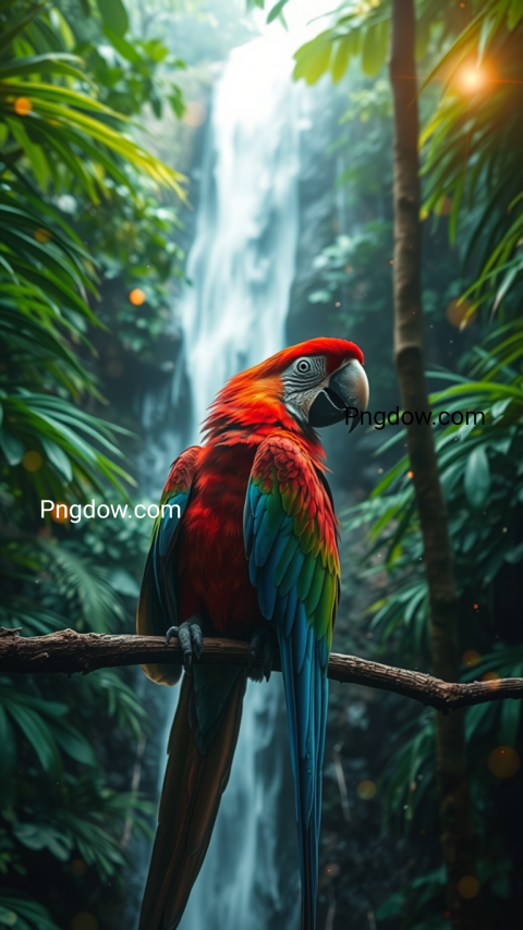 Double exposure A scarlet macaw in a rainforest, wondrous nature, magical, celestial, green, brown and bronze hues, waterfall  Many magical ethereal light sparkles