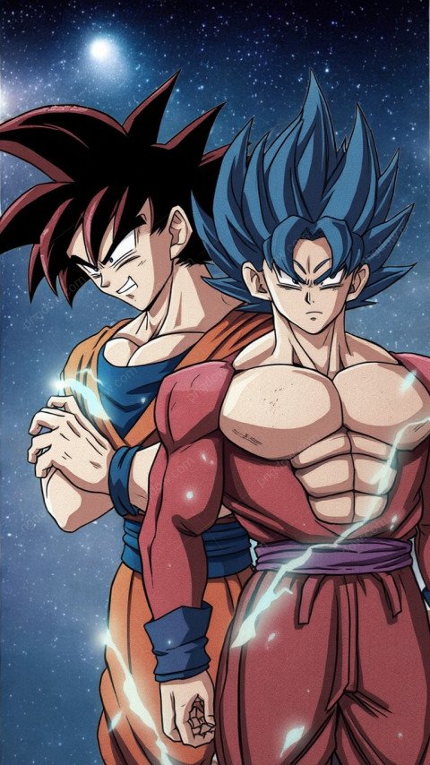 Two Gokus stand side by side under a starry sky, showcasing vibrant colors and dynamic poses for a captivating wallpaper