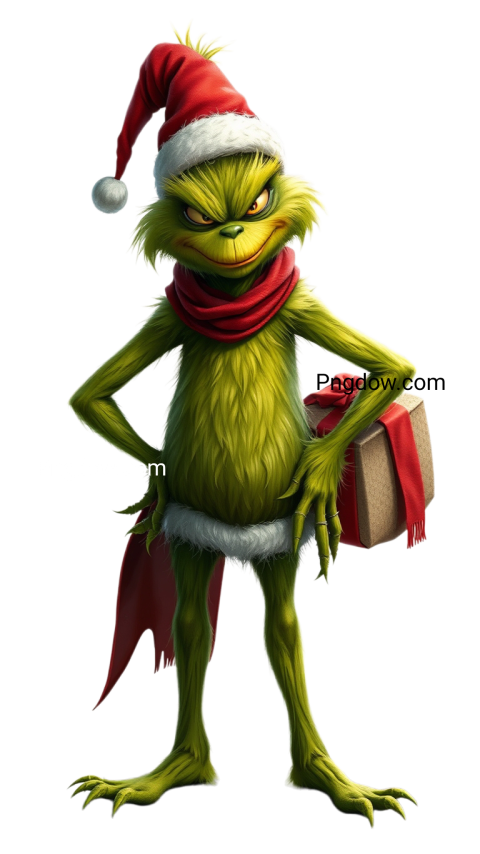 A Grinch wearing a Santa hat joyfully holds a gift box, embodying the spirit of the holiday season