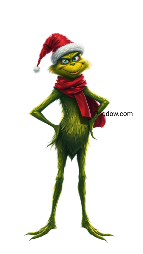 A mischievous Grinch wearing a Santa hat, showcasing a wide, playful grin, perfect for holiday themed designs