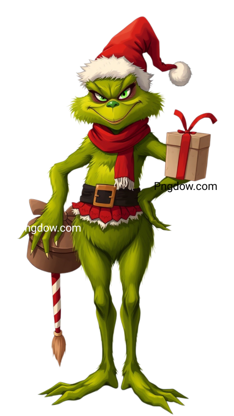 A cheerful Grinch character holding a colorful gift, showcasing a playful and festive spirit in a PNG format