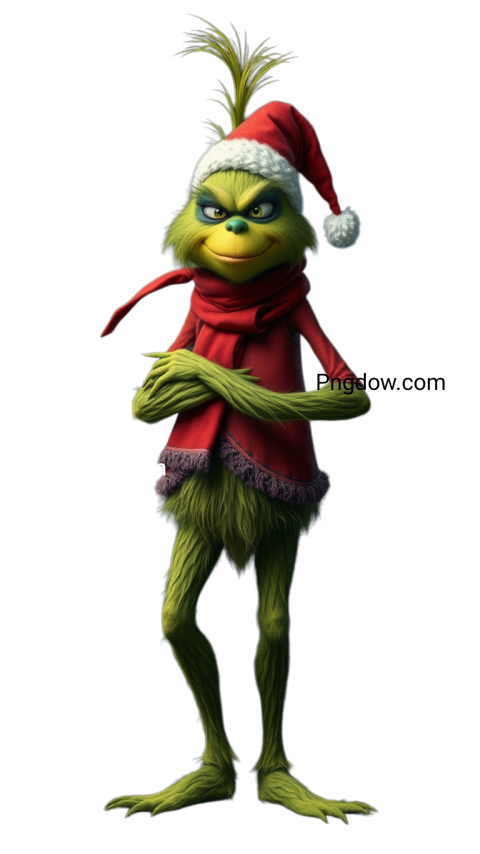 The Grinch grins mischievously against a stark black background, showcasing his iconic expression in a PNG format