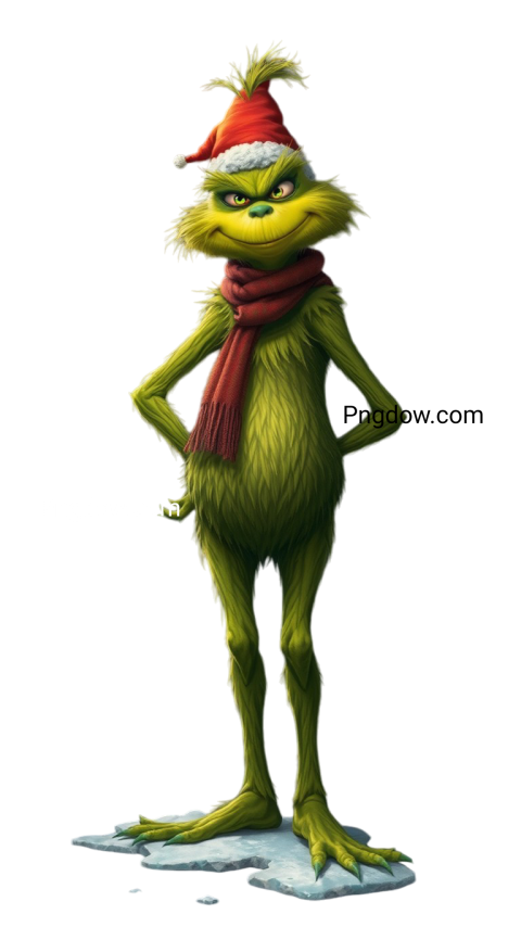 The Grinch grins mischievously against a stark black background, showcasing his iconic expression in a PNG format for free