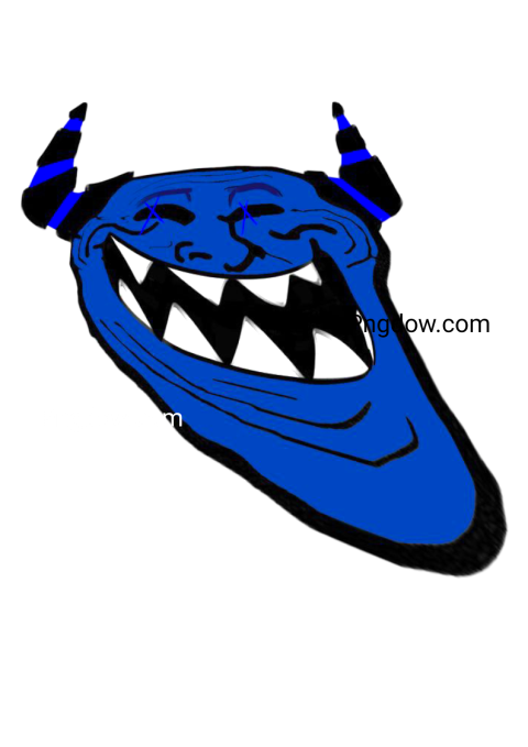 Cartoon face featuring blue and black colors with prominent teeth, resembling a troll face in PNG format