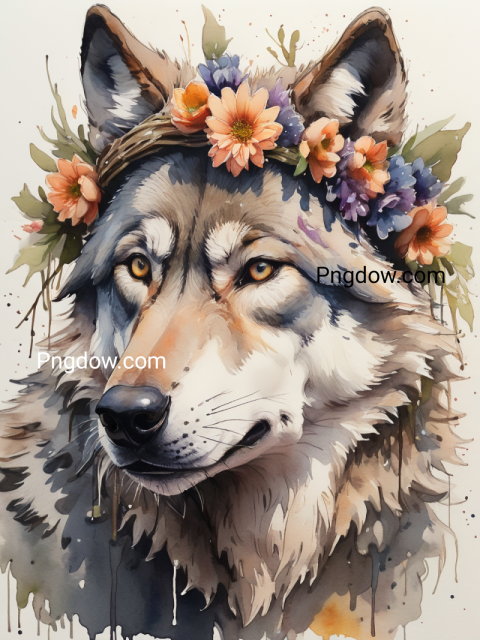 A close up of a wolf with a flower crown on its head for free