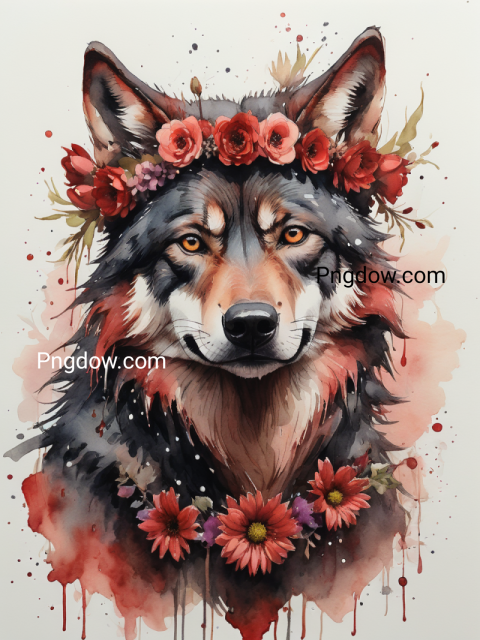 A close up of a Red and black wolf with a flower crown on its head