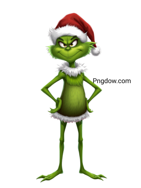 A Grinch character wearing a festive Santa hat, showcasing a mischievous grin, perfect for holiday themed designs