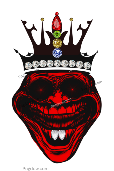 Dark evil troll face with glowing red eyes and jeweled crown, PNG format