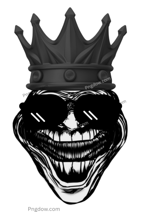 Black and white troll face with a crown and sunglasses, PNG format, free download