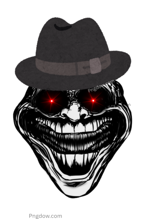 Black and white troll face with glowing red eyes and fedora hat, PNG format, free download