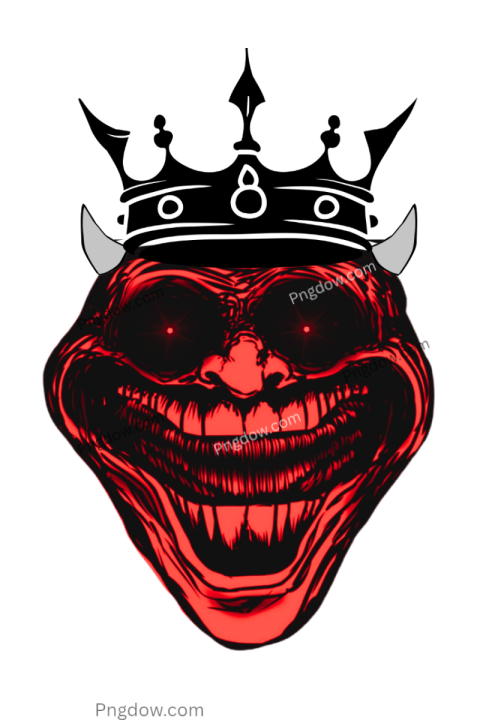 Devil-themed troll face with glowing red eyes and horns in PNG format, black background