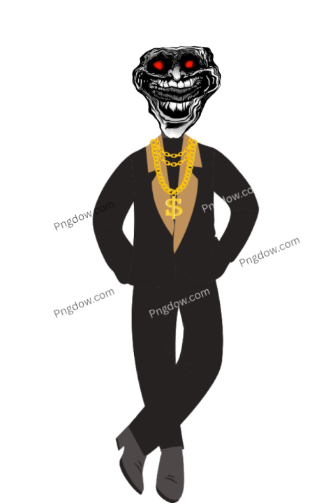 Troll Face in Suit with Gold Chains and Glowing Red Eyes