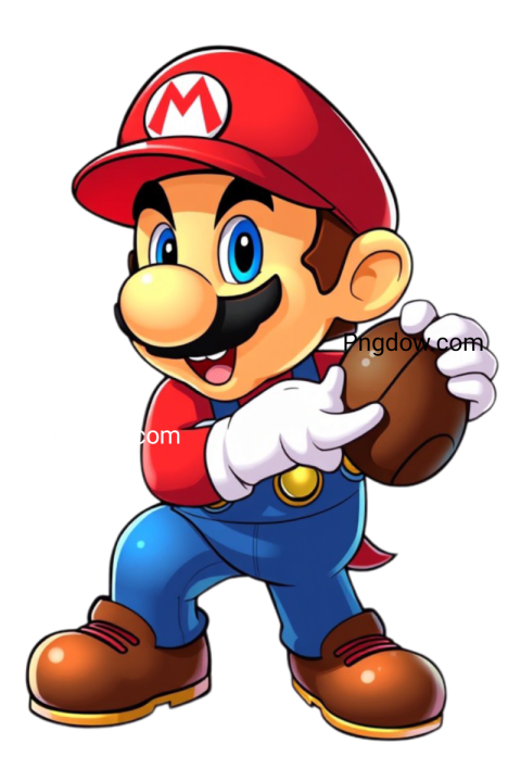 Mario, a cartoon character, is holding a football in his hand, showcasing his sporty side in a vibrant PNG format