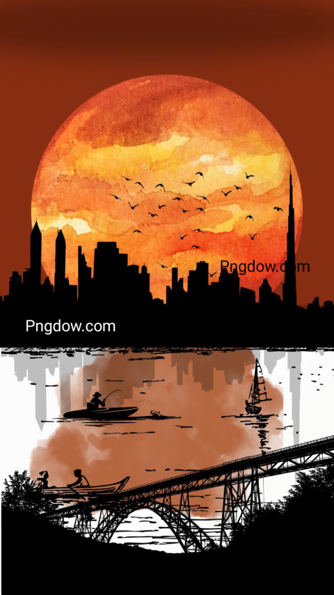 Black River Sunset Watercolor Illustration Phone Wallpaper free