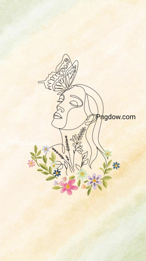 Line art Woman Portrait and Watercolor Flowers Wreath Phone Wallpaper for free