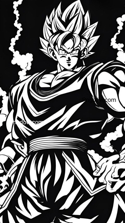 A black and white wallpaper featuring Goku from Dragon Ball Z