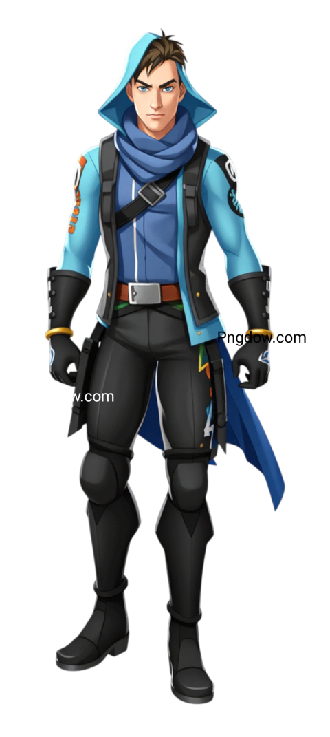 A male character wearing a blue jacket and black boots, designed in a Fortnite vector style