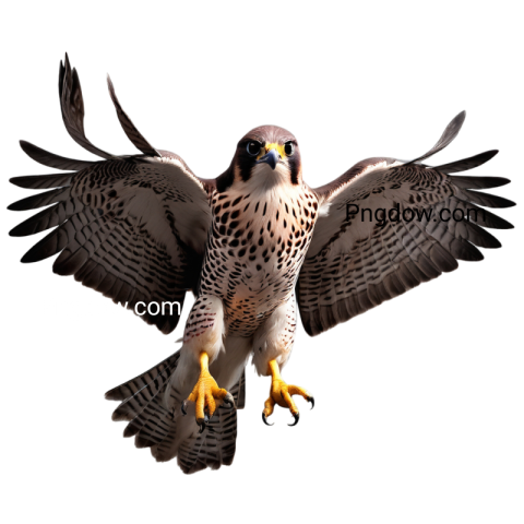 Falcon in flight, wings extended, against transparent background