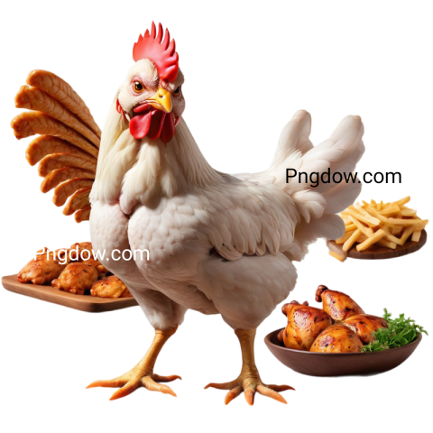 A chicken standing next to a plate of food