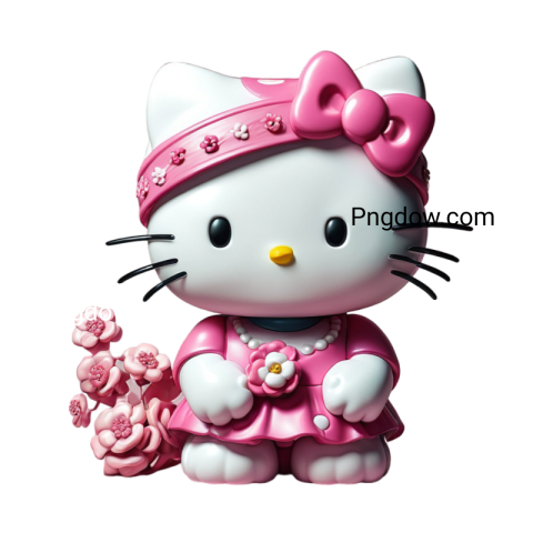 Hello Kitty figurine with pink bow and flowers, cute and colorful Hello Kitty PNG image