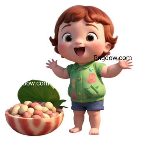 A cartoon baby boy standing next to a bowl of nuts in a cocomelon png image