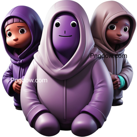 Three purple characters in hoodies sitting on black background in Among Us PNG