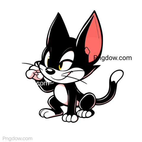 Cartoon cat with pink eyes and white ears, resembling Felix the Cat, depicted in a playful and whimsical style