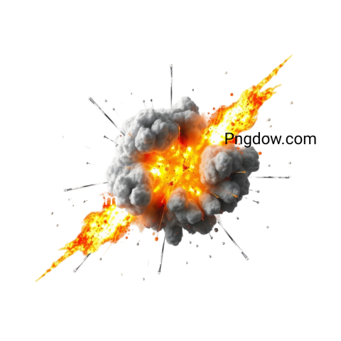 A dramatic explosion featuring a white cloud and vibrant orange flames, captured in a PNG format