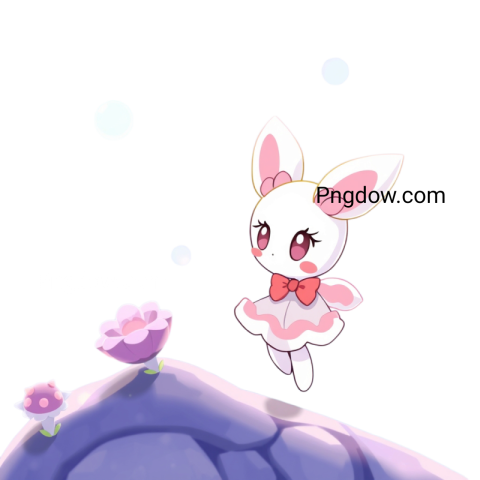 A cartoon bunny with pink hair and a bow on her head, resembling My Melody, set against a simple background