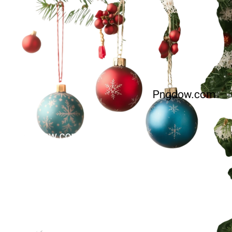 Christmas decorations elegantly hanging from a tree branch, showcasing festive colors and designs in a PNG format