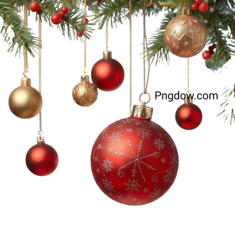 Christmas decorations elegantly hanging from a tree branch, showcasing festive colors and designs in a transparent format