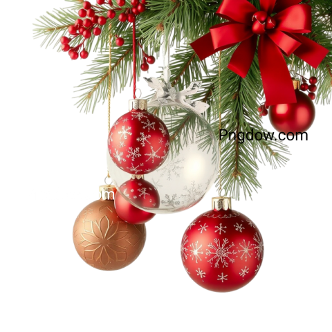 A collection of Christmas decorations suspended from a tree branch, featuring vibrant colors and intricate designs in PNG format