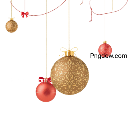 Christmas decorations in various shapes and colors suspended against a sleek transparent background, creating a festive atmosphere