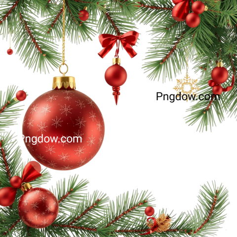 A Christmas tree adorned with red balls and ornaments, set against a transparent background, showcasing festive decorations