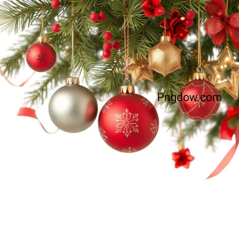 Christmas tree adorned with red and silver ornaments, set against a transparent background, showcasing festive decorations