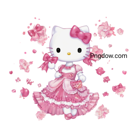 Hello Kitty in a pink dress adorned with flowers, exuding cuteness in a delightful PNG format for download