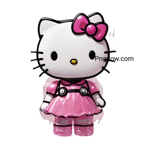 Adorable Hello Kitty dons a pink dress and blue bow, perfect for a cute PNG download