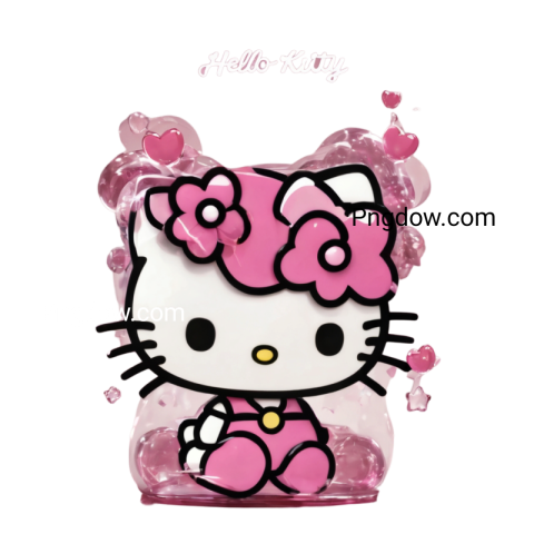 Hello Kitty in a pink suit adorned with a bow, exuding cuteness in a downloadable PNG format