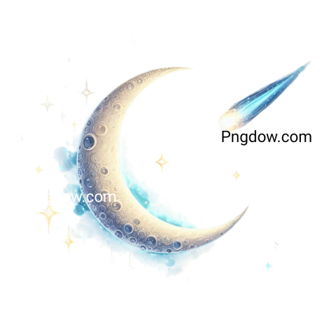 Watercolor png of a crescent moon with a shooting star, showcasing a dreamy night sky in soft hues