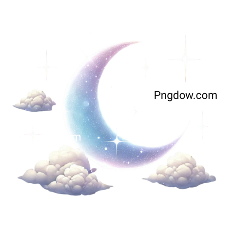 A crescent moon surrounded by soft clouds in a night sky, depicted in a PNG format