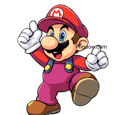 A vibrant PNG image of Mario from the Mario Bros series, showcasing his iconic red hat and blue overalls in a playful pose